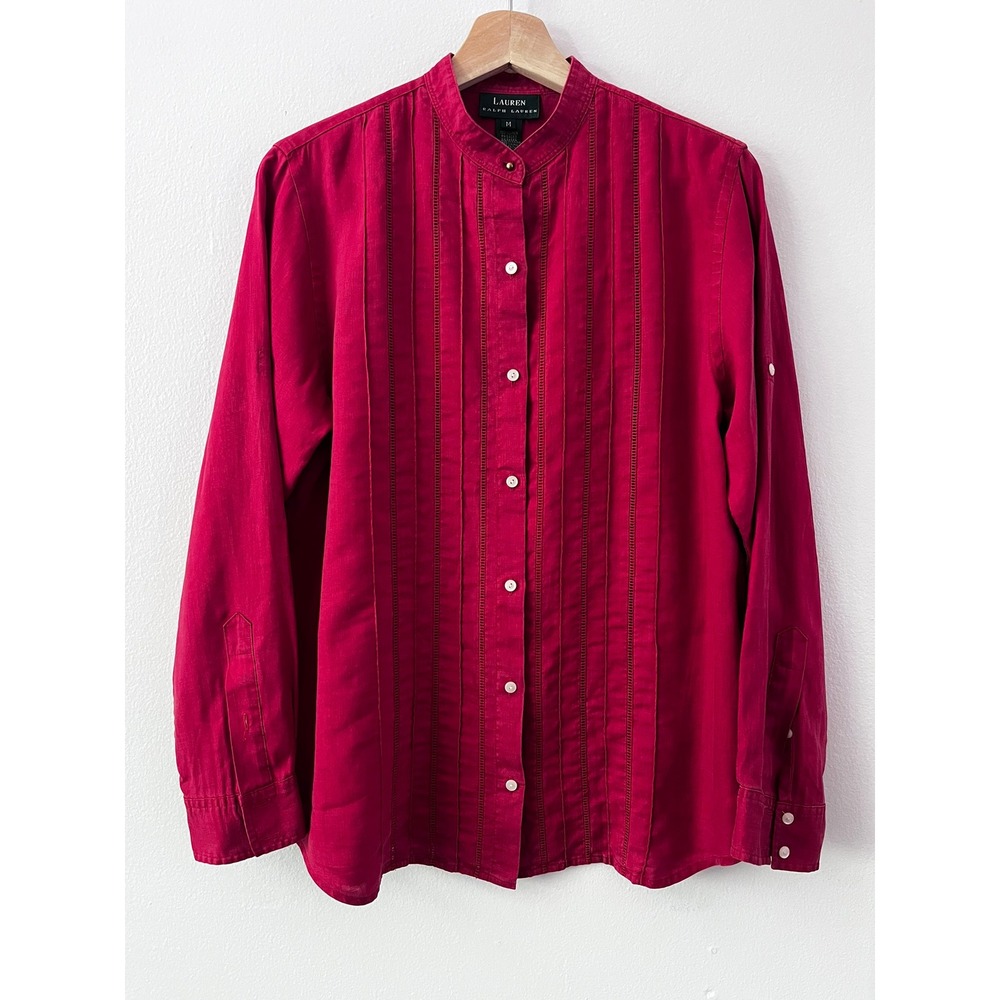 Lauren Ralph Lauren VTG Linen Button Down Pin Tuck Embroidered Front size medium
